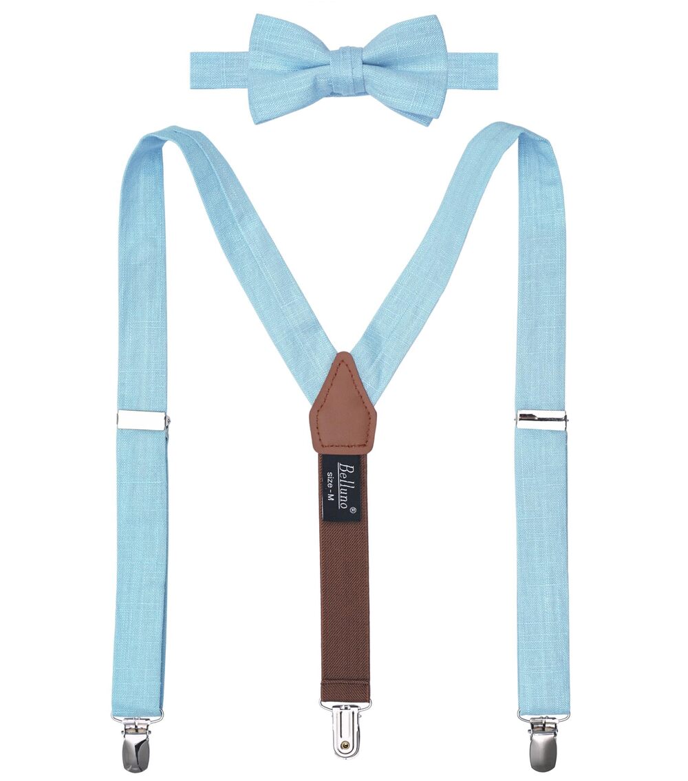 7409 Light Sky Blue Pre-tied Bow Tie and Suspenders Set, Cotton and Linen